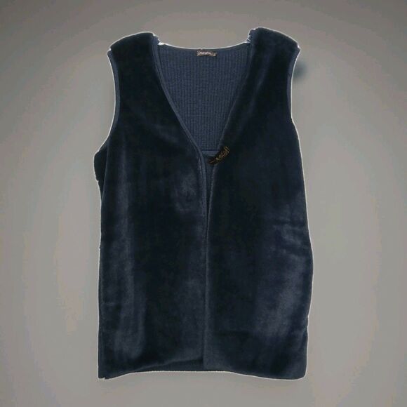 J McLaughlin Vest Women Med Navy Lolan Faux Fur Ribbed Wool Horn Toggle Luxury - Picture 2 of 13